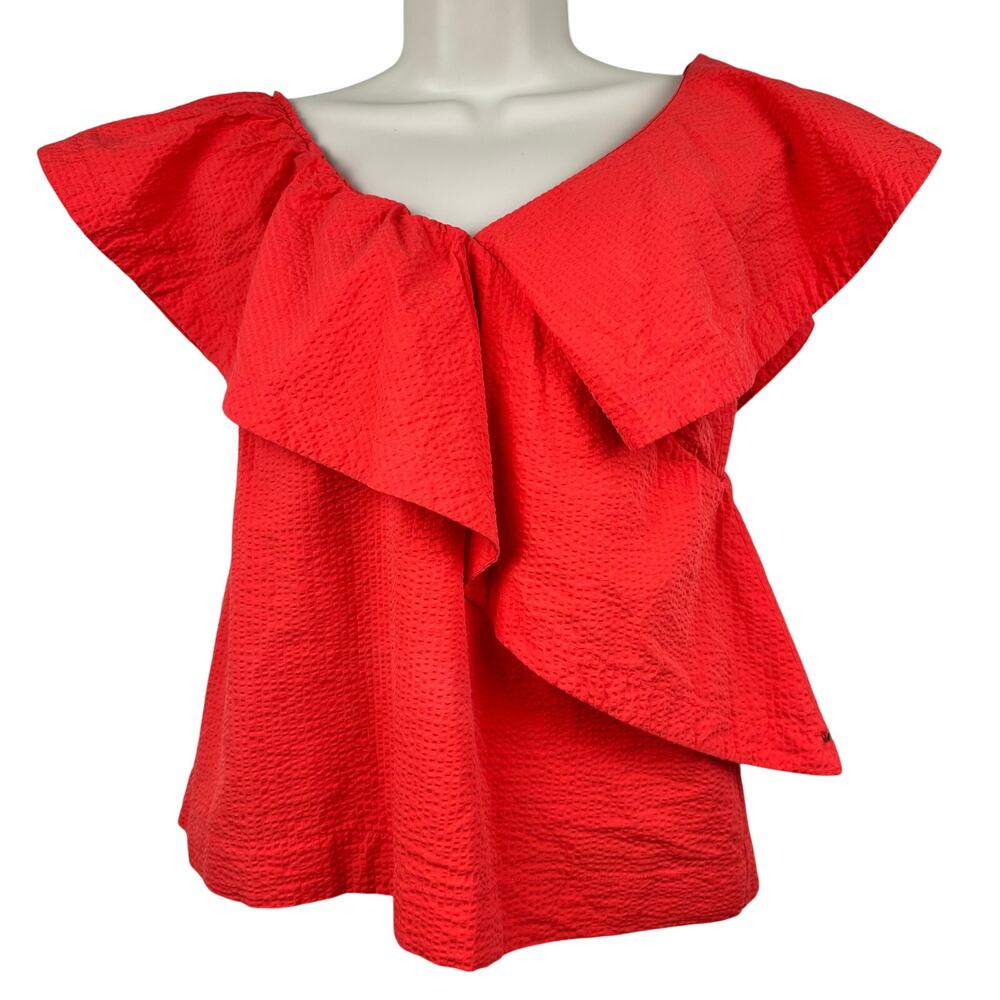 Cuyana Blouse Top Seersucker Flounce Ruffle Off Shoulder Coral Red Small Chic